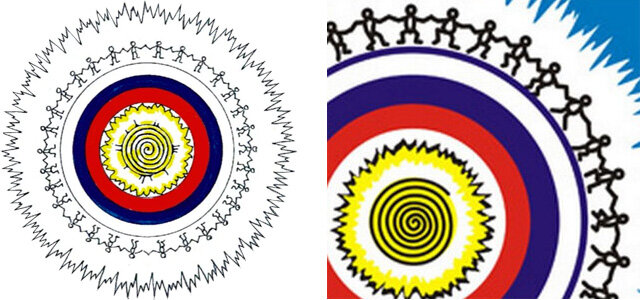 Эмблема АКМНСС и ДВ РФ.  Справа увеличенный фрагмент эмблемы Ассоциации.  Хорошо видна спираль в центре и "танцующие человечки" по периметру эмблемы.