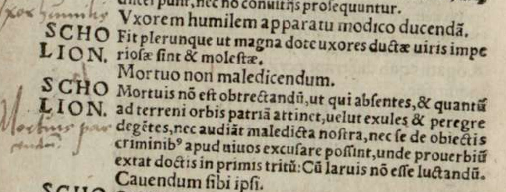 Фрагмент издания 1530 года "Ex Diogenis Laertii libris de vitis philosophorum sententiae et apophtegmata" с искомой максимой Хилона - Mortuo non maledicendum.