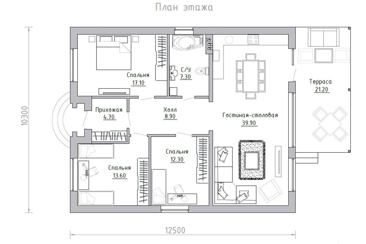 План дома 100 м2 одноэтажный с тремя спальнями