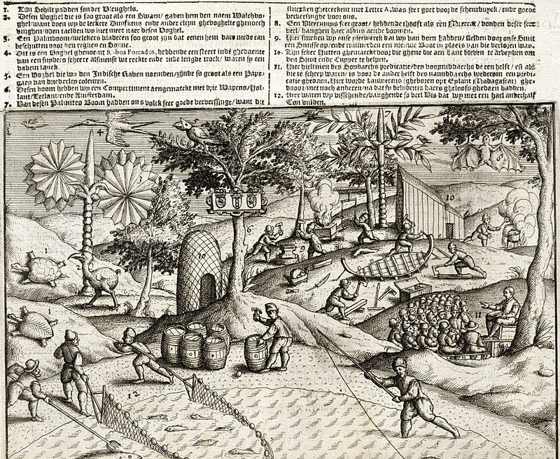 Гравюра 1601 года. Голландцы на Маврикии. Слева видна Додо