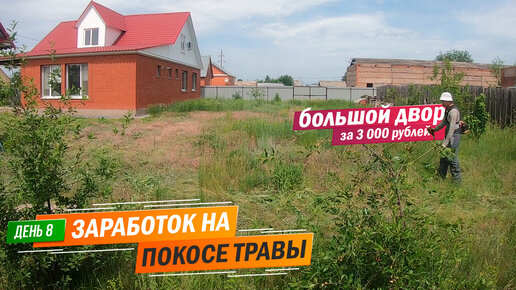 День 8 | Кошу большой двор за 3 000 рублей. Заработок в деревне на покосе травы триммером.