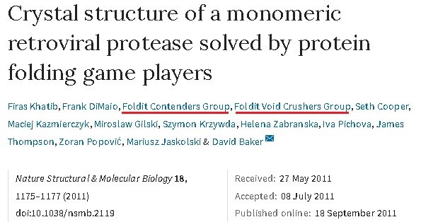 Статья о кристаллической структуре белка вируса. Красным подчеркнуты группы игроков, расшифровавших структуру.