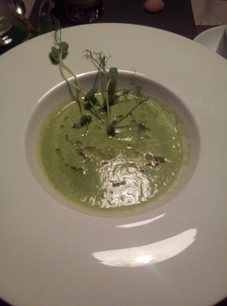 Суп-крем из молодого зеленного горошка, мяты с тыквенными семечками