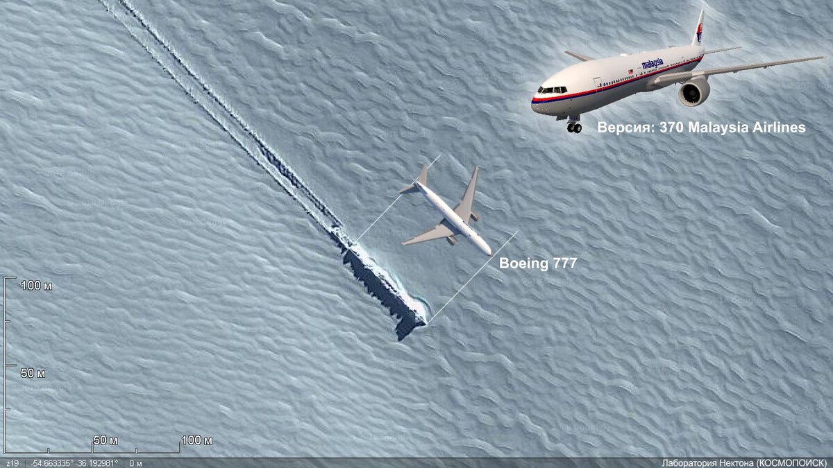 сравнительное макетирование ледяной глыбы и размеров Boeing 777