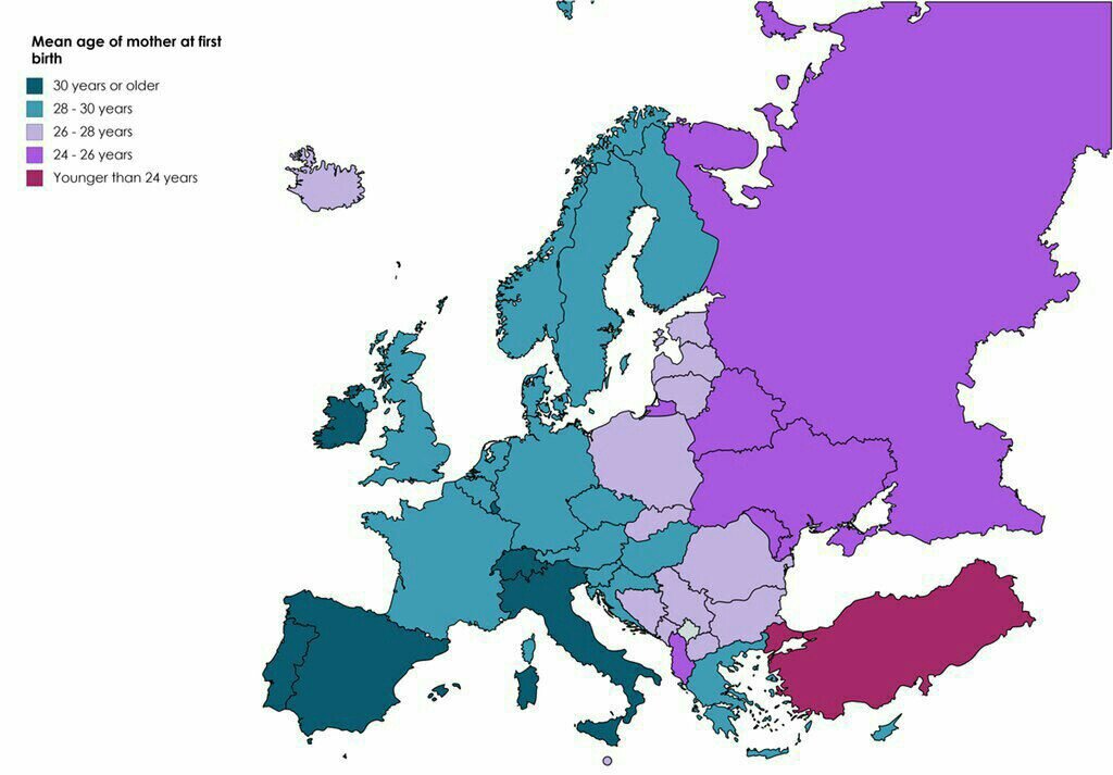 Возраст, в котором женщины рожают первого ребёнка, лет