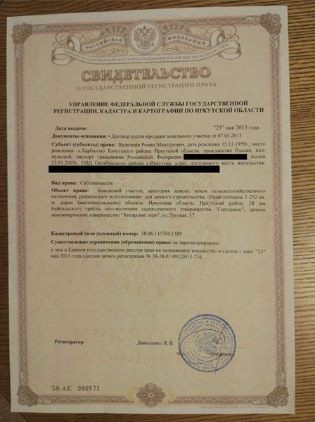 Свидетельство о государственной регистрации права на землевладение. Фото: Копия документа, предоставленного Романом Валюшиным