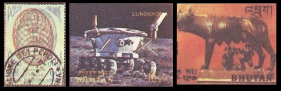 Стереоскопическая марка Италии (для получений зрительного эффекта качающегося Земного шара ее надо рассматривать через специальные красно-синие очки). Стереоскопическая и выпуклая пластиковая марки Бутана (репродукция не передает объемности)