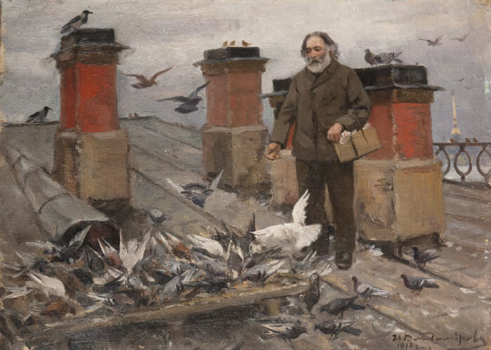 И.А. Владимиров. Куинджи Архип Иванович кормит пернатых друзей. 1910 год