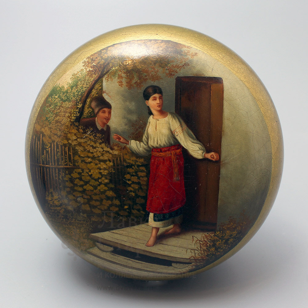 Круглая лаковая шкатулка, табакерка папье-маше «Свидание», Федоскино, Фабрика Лукутина, конец 19 в.