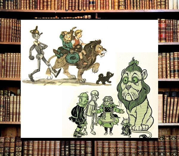 Наверху иллюстрации Владимирского к книгам Волкова, внизу иллюстрации к первому изданию книги Баума "Волшебник страны Оз"