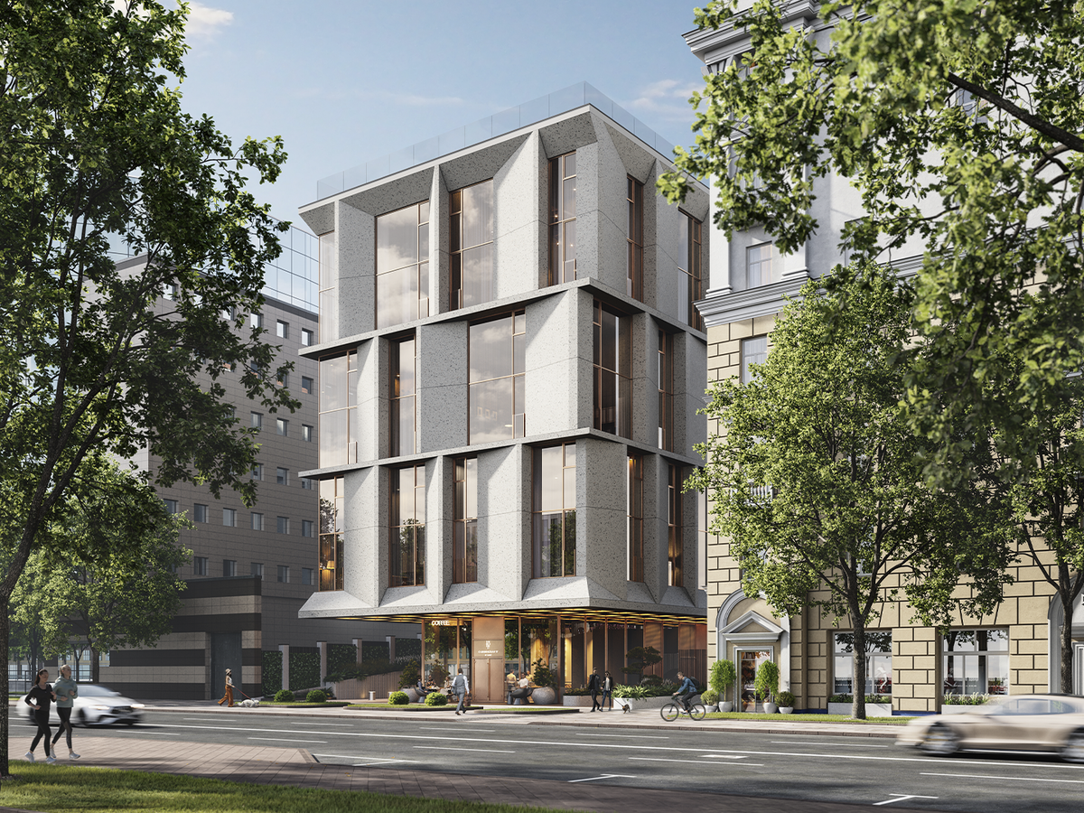 Узнаваемый силуэт дома. Основной, жилой объем здания приподнят относительно первого этажа, что позволит раскрыть лучшие видовые характеристики квартир.