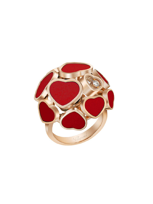 Кольцо Chopard Happy Hearts из розового золота с плавающим бриллиантом и красными вставками