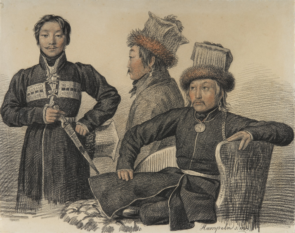На рисунке изображены калмыцкие князья братья Тюменевы. Справа, сидящим в кресле, художник представил старшего брата – Серебджаба Тюменя. Художник: Гампельн Карл. 