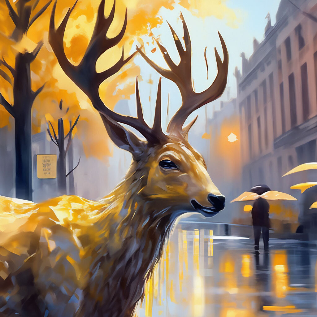 Призрачный олень-мечта в осеннем городе. Нейросеть Шедеврум.