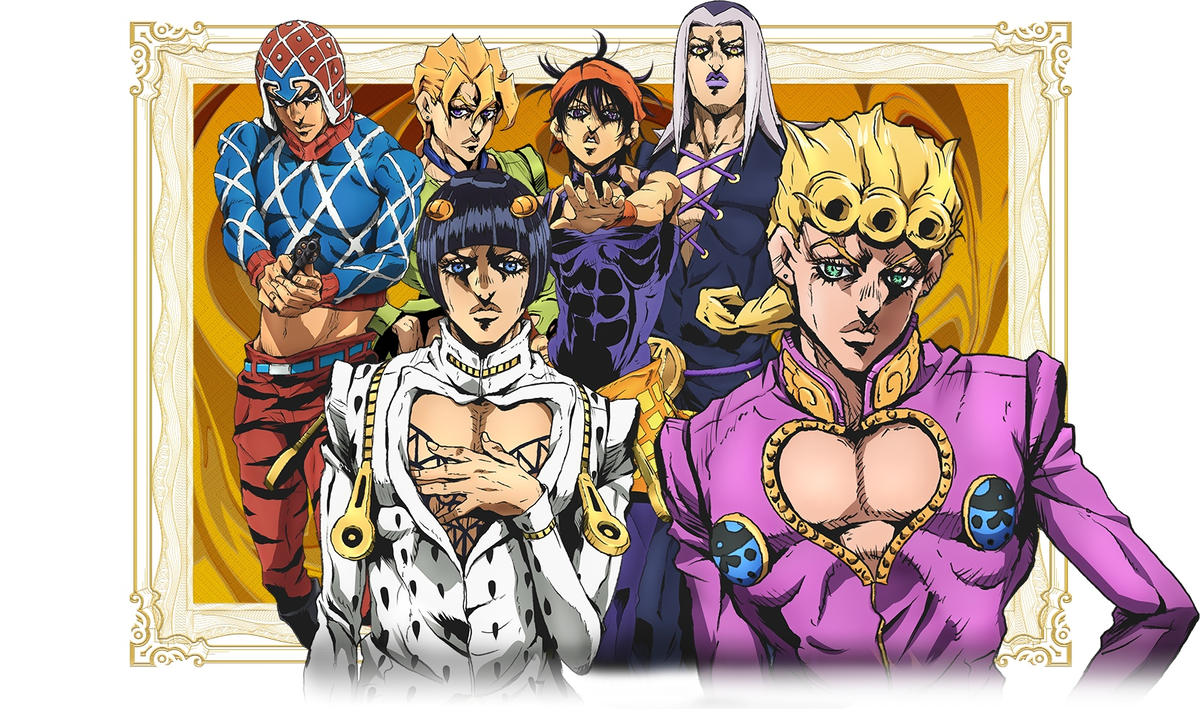 Jojo s bizarre adventure parts. Невероятные приключения Джоджо золотой ветер. Джоджо Vento Aureo. Джоджо 5 сезон золотой ветер. Golden Wind Jojo аниме.