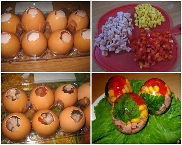 А вот идея, как оформить холодец с помощью яичной скорлупы, такая круглая форма получится в результате