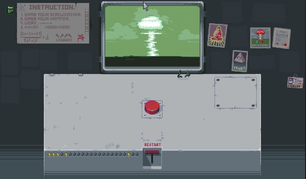 Одна из концовок игры, демонстрирующая взрыв города ядерной бомбой и оставшийся от неё ядерный гриб.