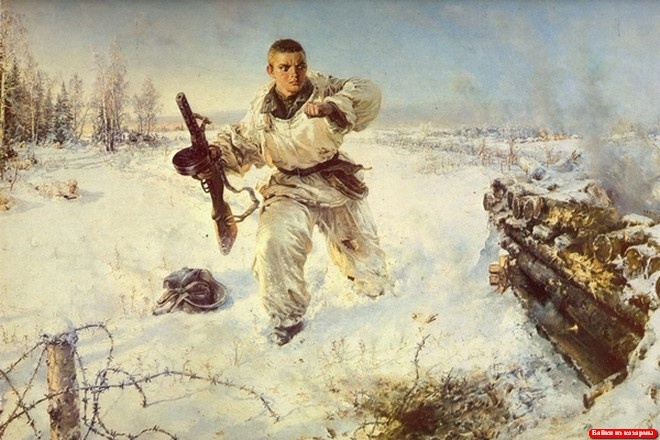 Александр Матросов приближается к немецкому дзоту