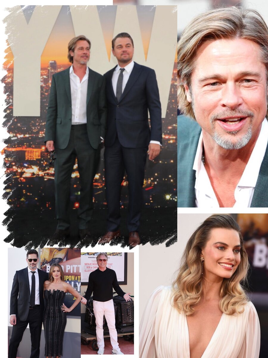   Слева направо: Брэд Питт и Леонардо Ди Каприо , внизу: Joe Manganiello + Sofia Vergara   в нарядах от  Dolce&Gabbana, Дон Джонсон  в черной рубашке с белыми брюками и белыми кроссовками , Margo Robbie в платье Chanel.