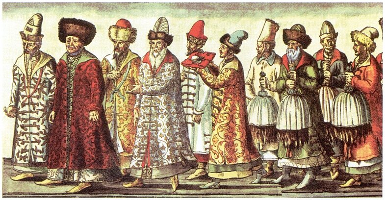 Русское посольство (гравюра 1576 года) Поднесение даров русским посольством императору Максимилиану II. В руках участники посольства несут дары императору — «сорока соболей», то есть связки собольих шкурок — мягкую рухлядь (источник: Википедия)