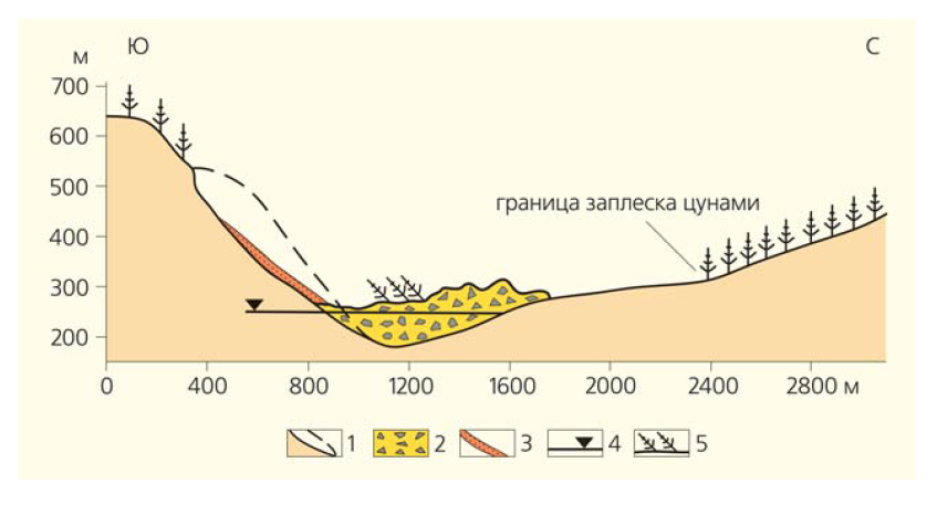  1 — первоначальная поверхность склона, 2 — оползневое тело, 3 — шлейф осыпей на поверхности скольжения оползня, 4 — уровень воды в водохранилище на момент события, 5 — наклонные деревья, сползшие со склона («пьяный лес»).  