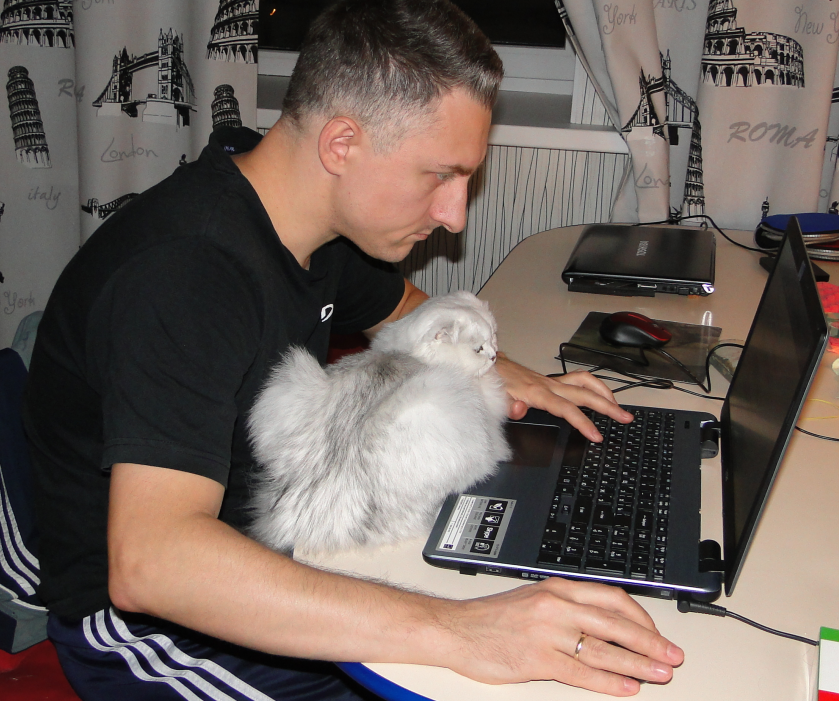 Мой муж за работой, кошка наблюдает