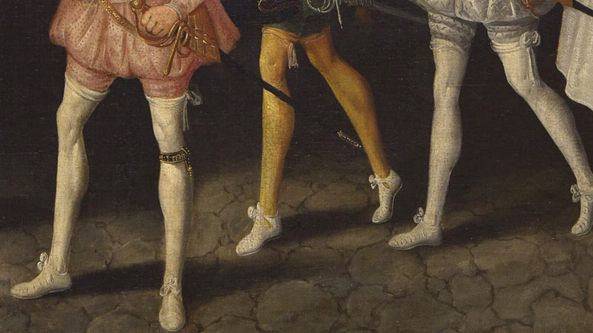 Одела на мужа чулки. Штаны шоссы 17 век. Гульфик 16 век. Гульфик Генриха 8. Шоссы 15 век.