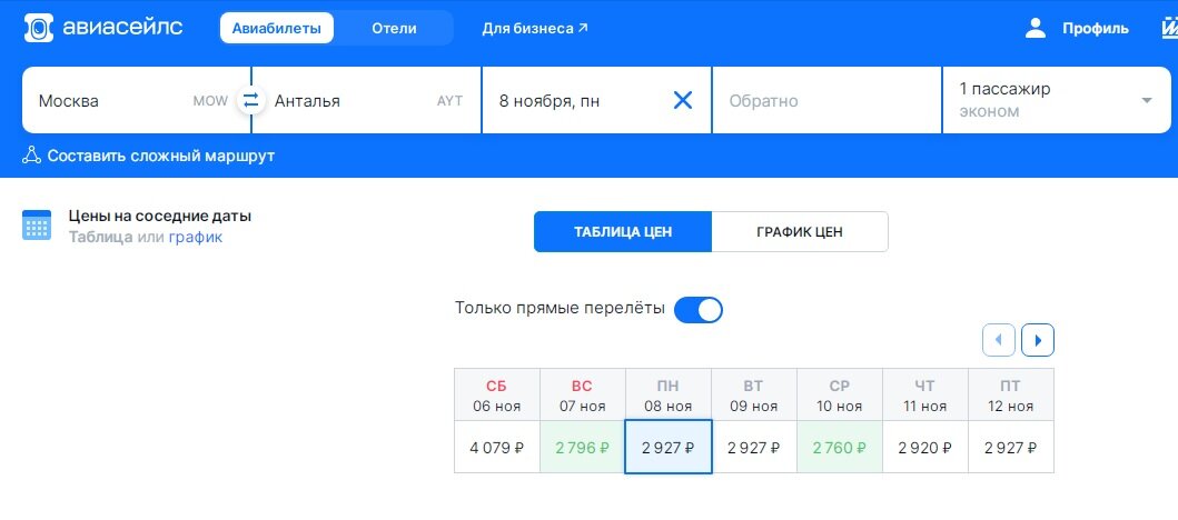 График цен на ноябрь. Главное выбрать рычажок только прямой перелет!