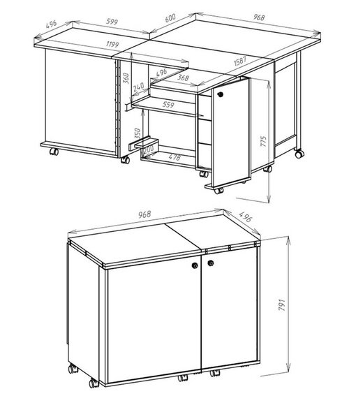 Технический рисунок стола-трансформера в разложенном  и собранном виде