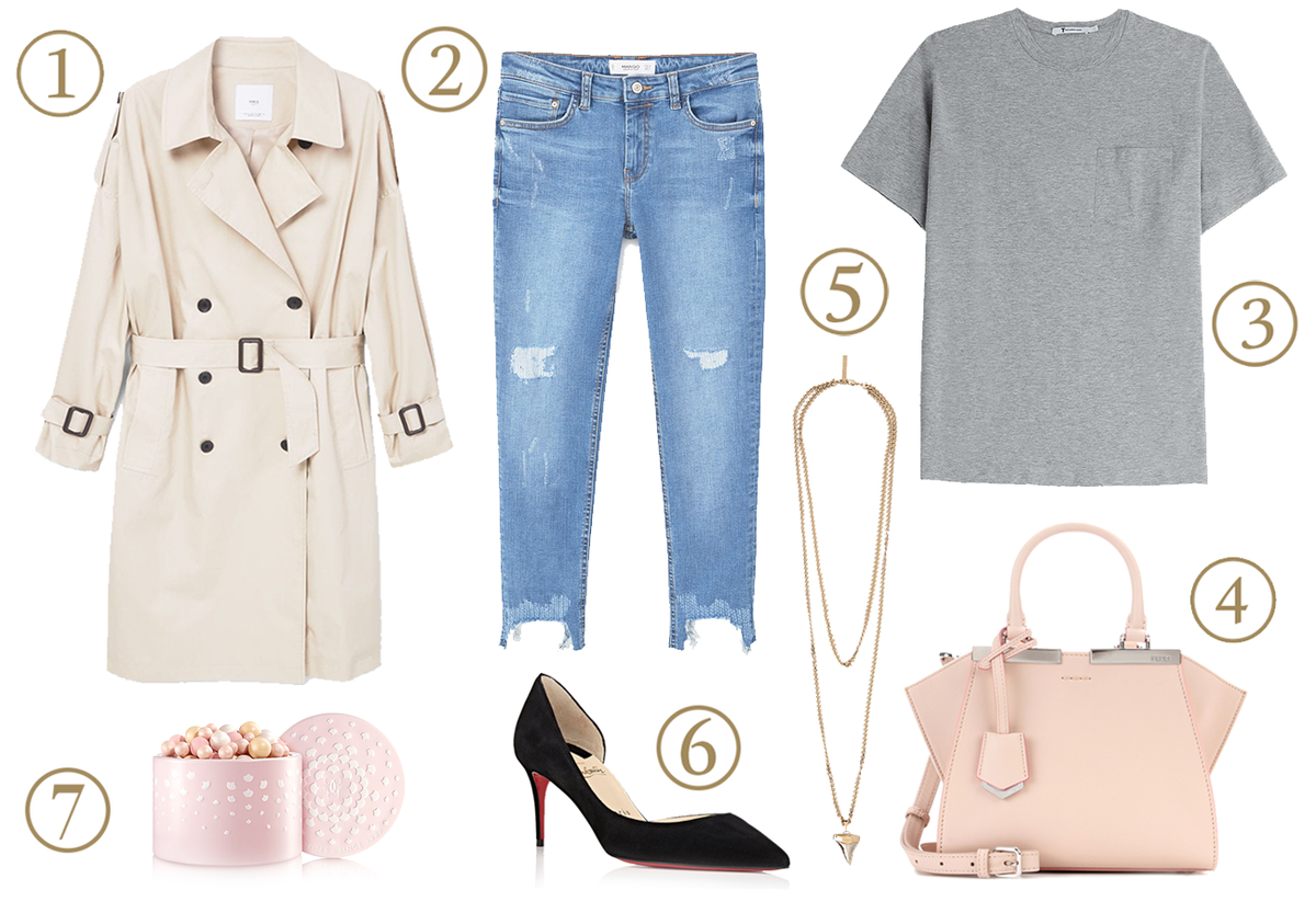 1. Тренч Mango, 6550 руб.; 2. Джинсы Mango, 3380 руб.; 3. Футболка T by Alexander Wang, 10 090 руб.; 4. Сумка Fendi, цена по запросу; 5. Колье Givenchy, 42 665 руб.; 6. Лодочки Christian Louboutin, 38 000 руб.; 7. Пудра в шариках Meteorites Birthday Candle Pearles, лимитированный выпуск , 3940 руб.