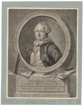 Яков Штелин. Гравюра Иоганна Штенглина по оригиналу Георга Фридриха Шмидта. 1764 год. 
© ГМИИ им. А. С. Пушкина