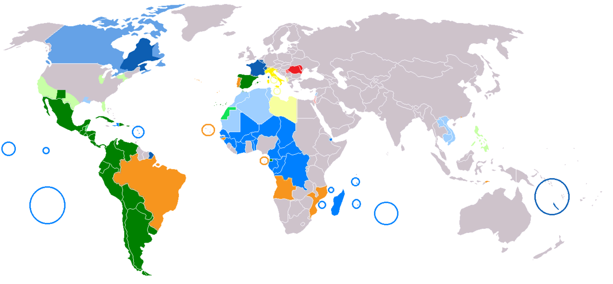 Романские языки карта. Араванские языки карта. Карта распространения французского языка в мире. Распространение итальянского языка в мире карта.