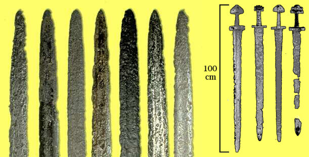 Обратите внимание на острие мечей викингов. Справа показано сравнение длины разных образцов