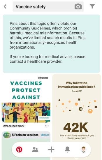 Pinterest теперь при запросах на тему вакцин выводит информацию от медицинских организаций 