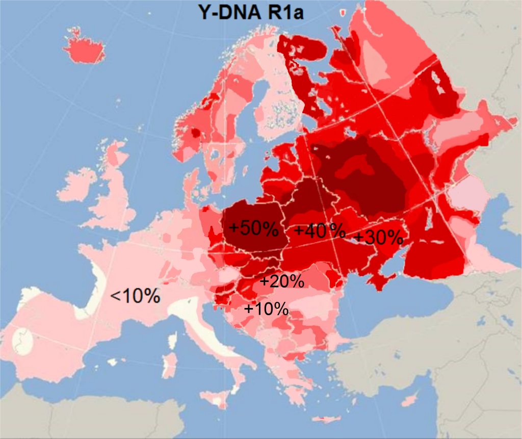 Частота распределения гена R1а на территории Европы на 2016 год