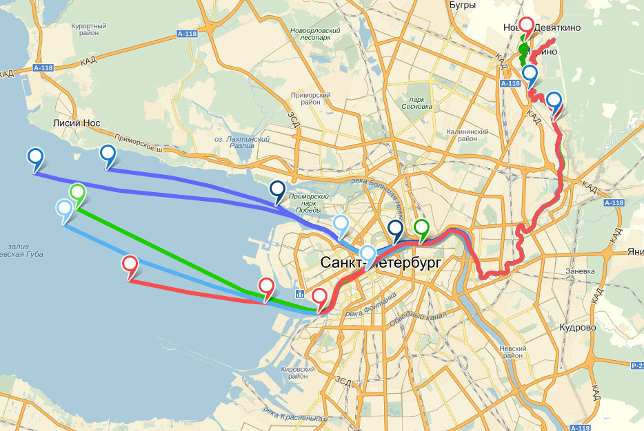 Пути движения GPS-трекеров. 