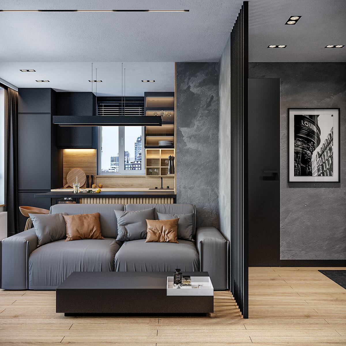 Современный интерьер квартиры - студии. Проект автора