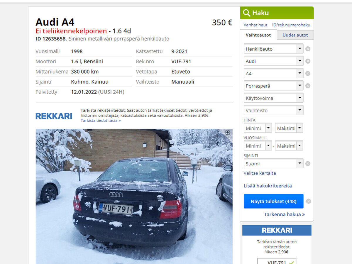 Ауди А4 за 350 евро в Финляндии на сайте с объявлениями о продаже авто