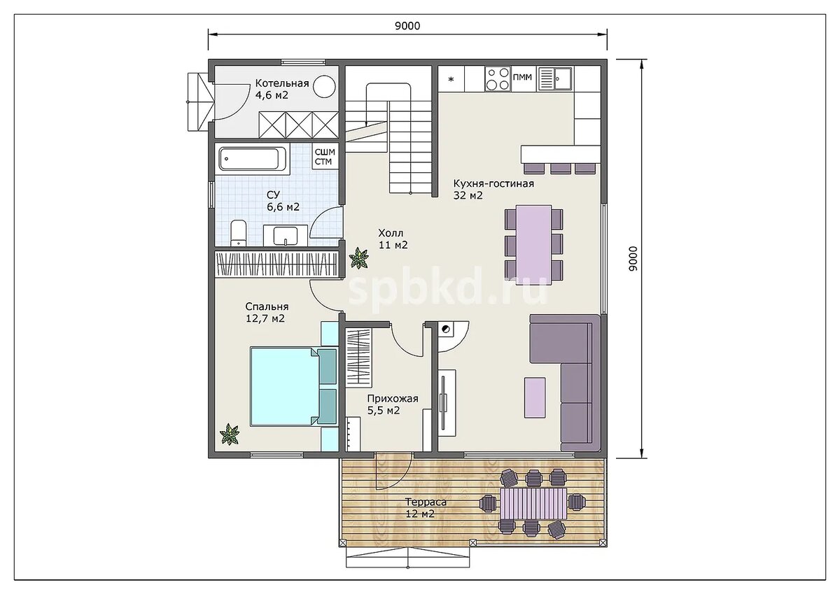 Проект двухэтажного каркасного дома 9 на 9 метров.