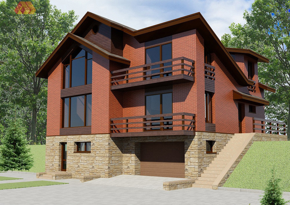 двухэтажный проект дома с цокольным этажом