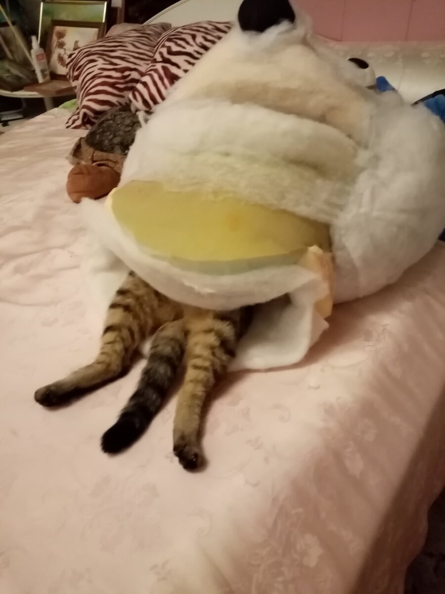 Рассказывает сестра:  "Первое и главное - определиться с материалами. Окинув алчным взглядом подушки на диване, вспоминаю, что в кладовке лежит подходящий кусок поролона и останки синтепона.  Творческая личность - это своеобразный Плюшкин, который с особой маниакальностью складывает про запас материал  "а вдруг пригодится" .Постепенно голова принимает узнаваемую форму, а вот поиск подходящих глаз превратился в настоящий квест: найденная в загашниках новогодняя упаковка чая в виде разъемного шарика отбракована -  нет блеска в глазах. Повторно перетряхнув всю кладовку, натыкаюсь на коробку с новогодними игрушками. Тэксссс, что тут у нас? Долгих лет жизни китайским производителям. Глазки приклеиваем на заготовку, а для надёжности и чтобы немножко вдавить  внутрь, притягиваем к голове, связав между собой...  Кинг отдыхает..           В процессе изготовления головы ни один кот не пострадал, а я поимела новую головную боль по поиску способов вытряхивания оккупанта." 