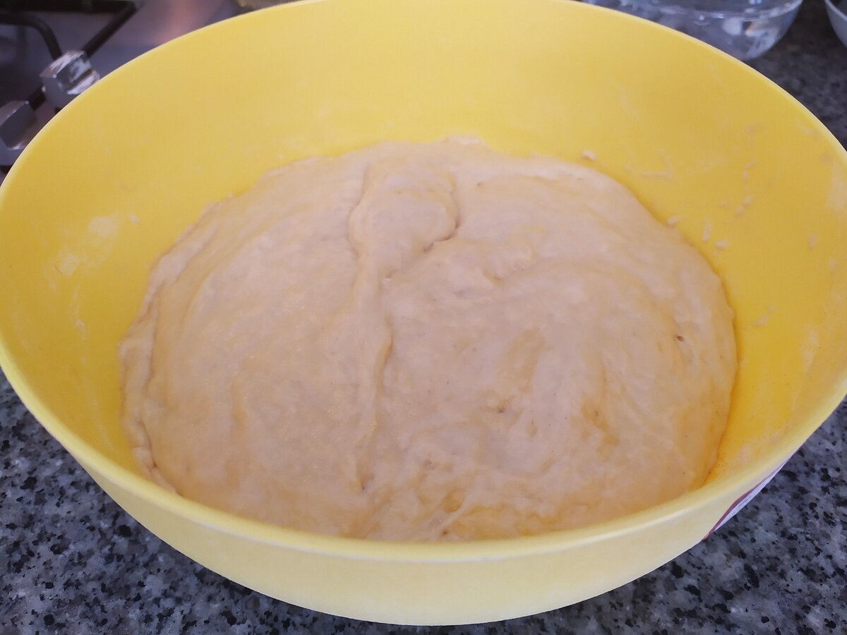 Столько получилось теста, когда оно поднялось. Его довольно много, на фото может не очень хорошо получилось показать, но чаша глубокая большого объёма.