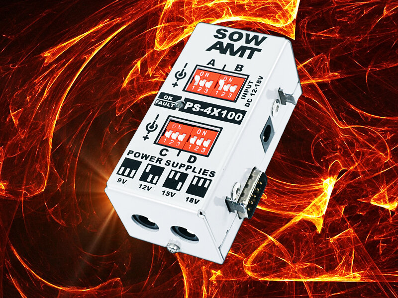 Модуль AMT SOW PS-4x100mA комплексной модульной системы питания гитарных приборов от AMT Electronics под названием SOW