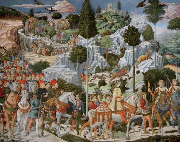 Аллегорическое изображение многочисленной семьи Медичи В 1460 году недалеко от собора в центре Флоренции было завершено строительство Палаццо Медичи-Риккарди, заказчиком которого был Козимо Медичи, один из самых могущественных флорентийцев. Здание является образцом архитектуры Раннего Ренессанса. Его особенностью стала частная часовня Cappella di Magi («Капелла волхвов»), три стены которой украшает серия фресок, созданная по мотивам сюжета о восточных мудрецах. Однако евангельская история – это лишь повод, позволивший изобразить на фреске членов семьи Медичи, знаменитых гостей и местных аристократов, прибывших для участия во Флорентийском церковном соборе 1439 года. На фреске они изображены в праздничной процессии, которая шествует к Вифлеему по воображаемой тосканской сельской местности. Палаццо Медичи-Риккарди, Флоренция