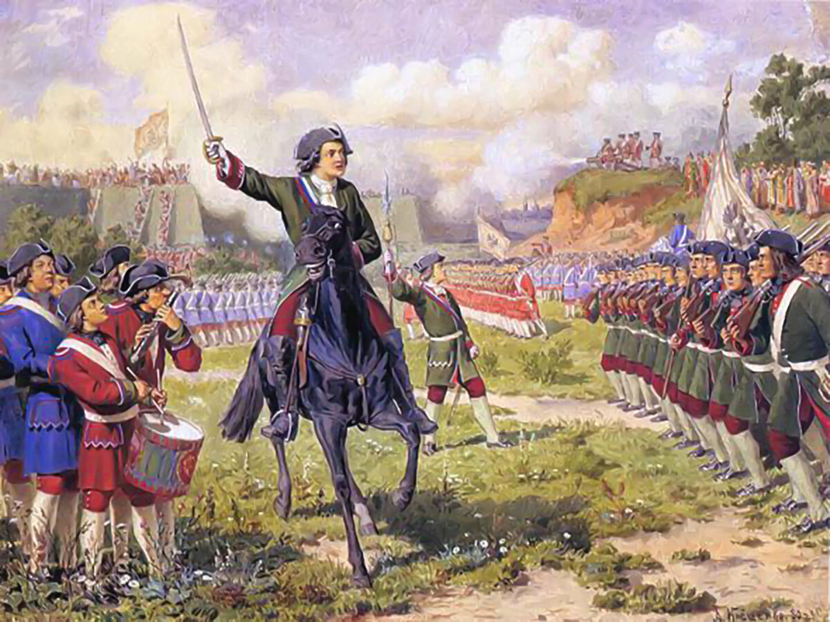 Пётр на военных играх под селом Кожухово в 1694 году. Источник: Wikimedia Commons