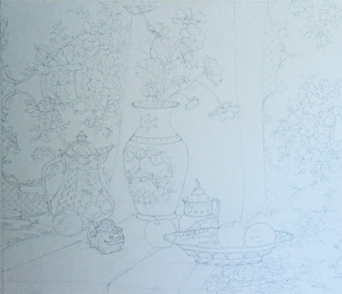 Домашний натюрморт "Гжель". Постановка Вернигор Юлии. Рисунок 2.