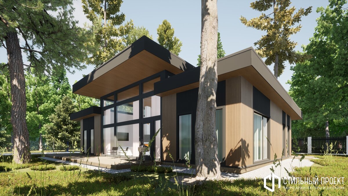 Визуализация проекта одноэтажного каркасного дома. Вид со стороны основного дома. Вы можете заказать проект по своему эскизу