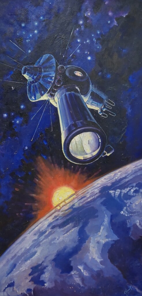 А. А. Леонов «Восход-2 на орбите». Холст, масло, с автографом автора. 11.03.1973 год.