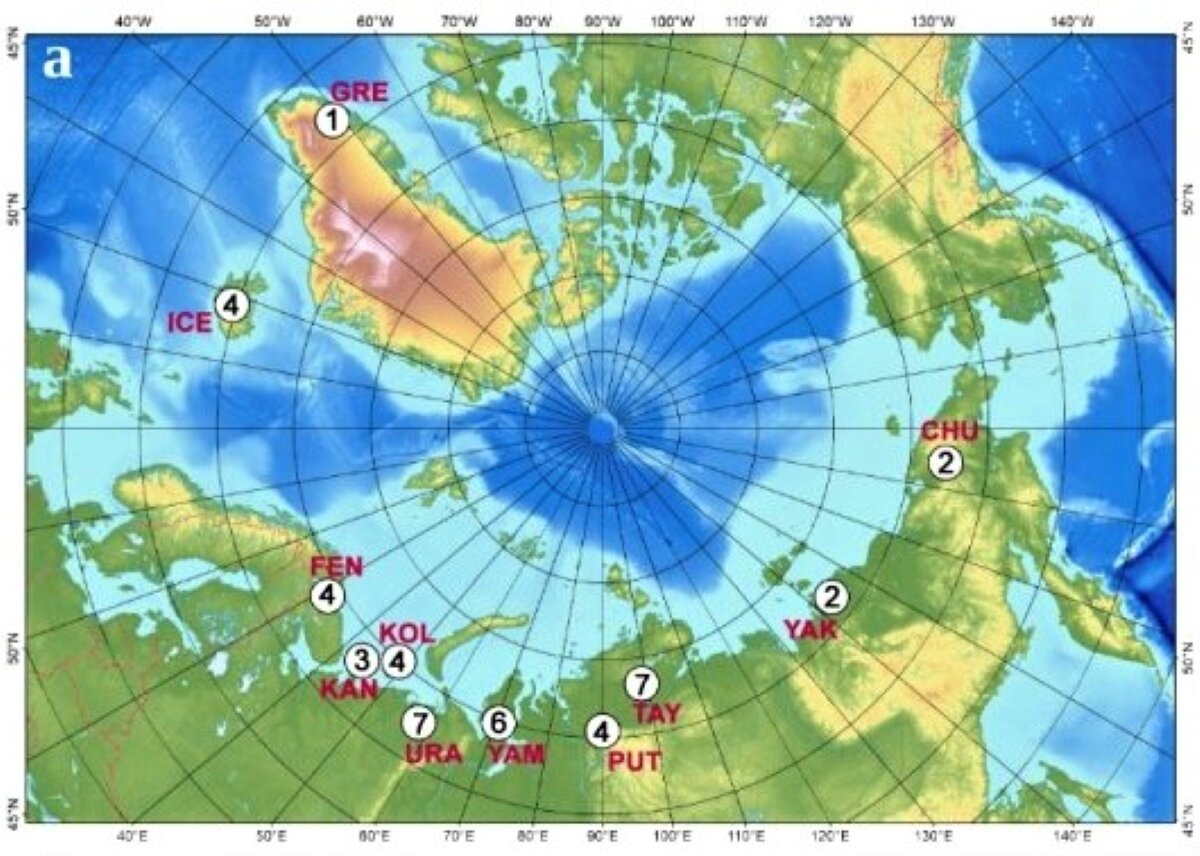 Коды районов: ICE – Исландия; FEN – Фенноскандия; KAN – полуостров Канин и Малоземельская тундра; KOL – остров Колгуев; URA – Большеземельская тундра и Полярный Урал; YAM – Ямал; TAY – Таймыр; PUT – плато Путорана; YAK – Колымское нагорье; CHU – Чукотка. Источник: https://scientificrussia.ru/