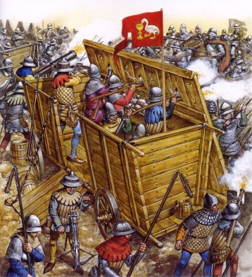 Боевой воз гуситов (Гуситские войны 1419-1434 гг.). Воины одновременно используют арбалеты и раннее огнестрельное оружие